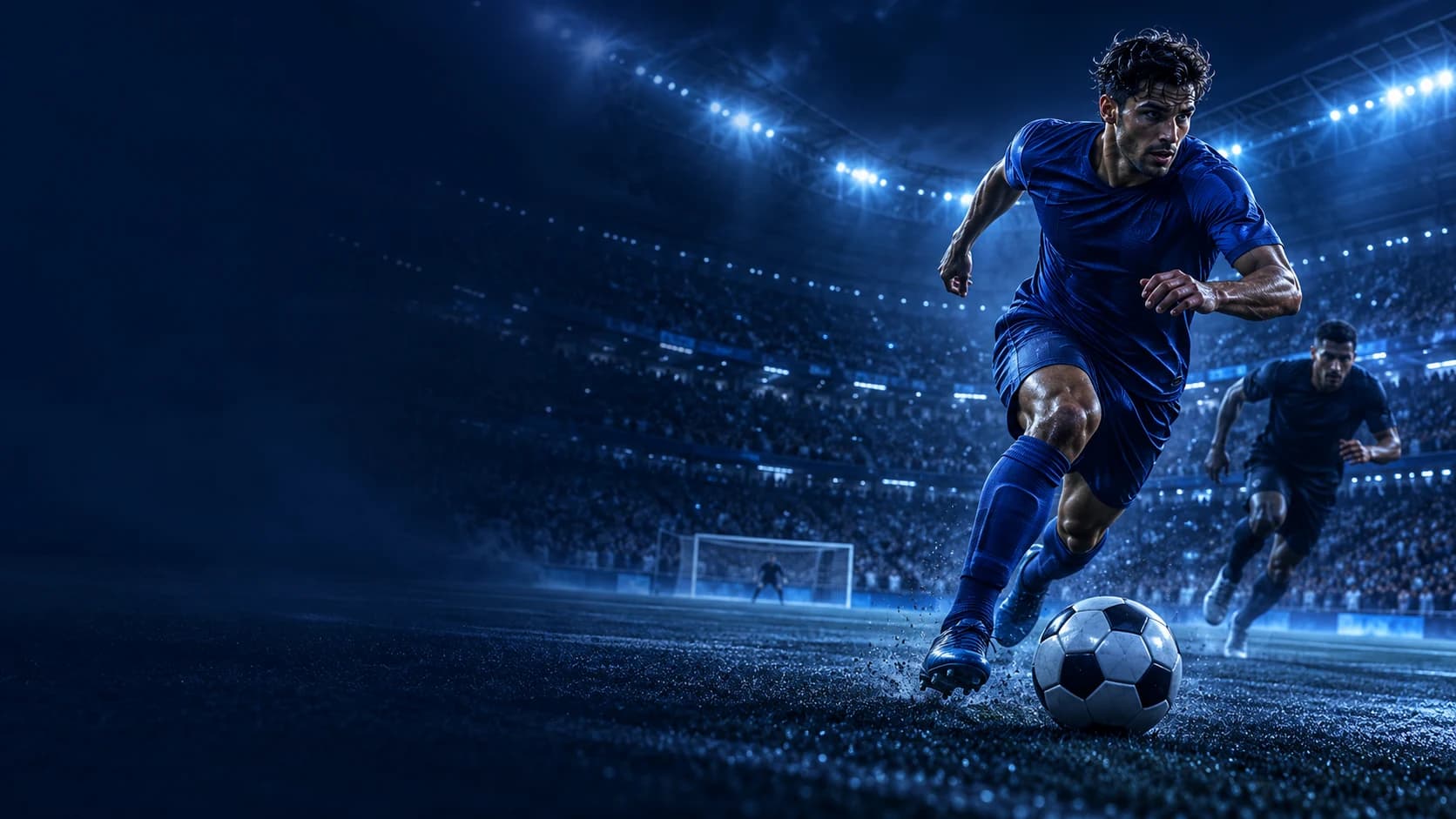 Jogador com uniforme azul conduzindo a bola em um estádio noturno